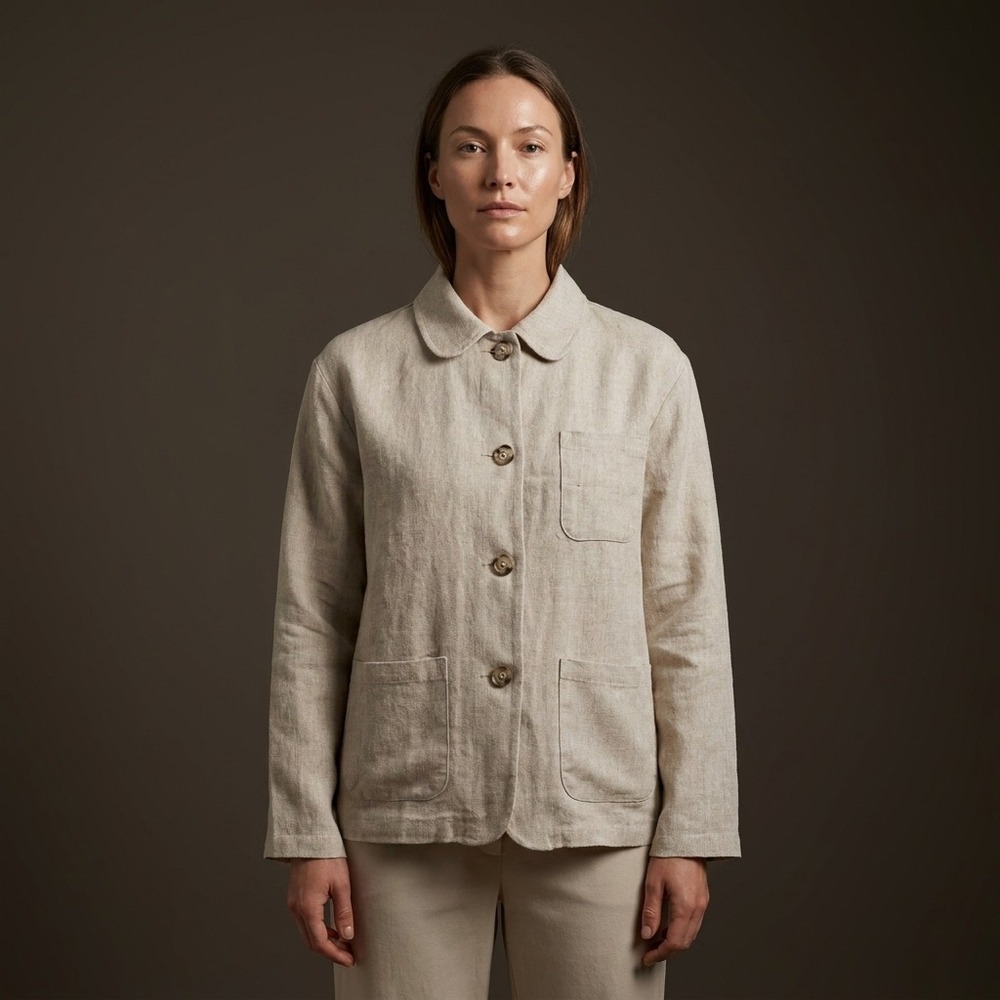 FILOSOFIA Women Chore Coat Jacket L Oatmeal Beige 100% Linen Minimalist NWT